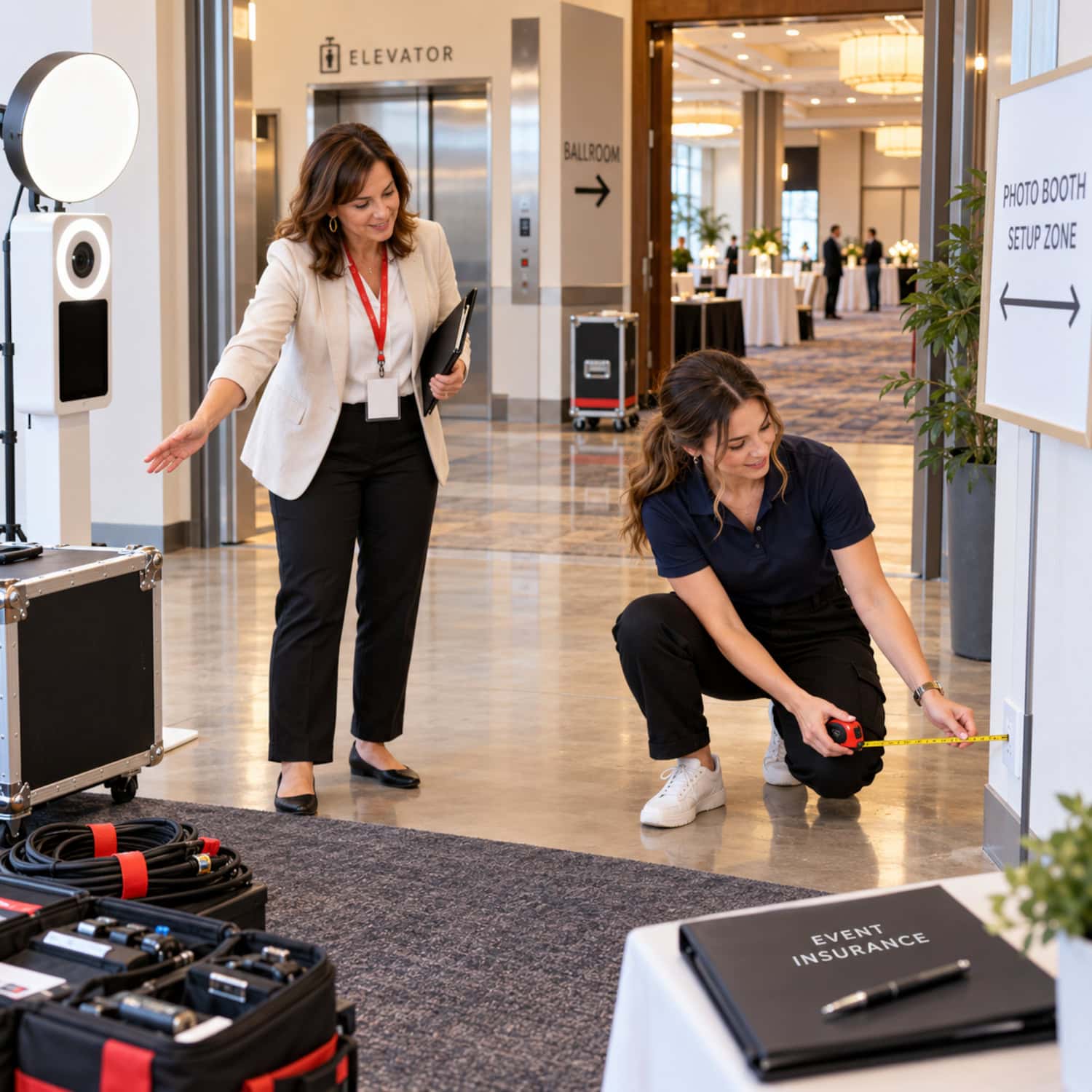 Photo booth business venue walkthrough checks floor space, a power outlet, elevator access, and the planned setup zone.