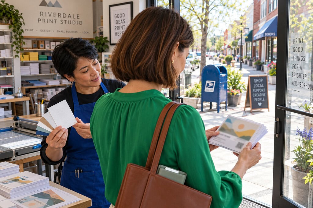 What Is Print Marketing? Examples, Benefits and Strategies That Work 2 Print marketing strategy as an owner collects a test postcard run from a local printer beside a neighborhood mailbox.