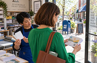 Print marketing strategy as an owner collects a test postcard run from a local printer beside a neighborhood mailbox.