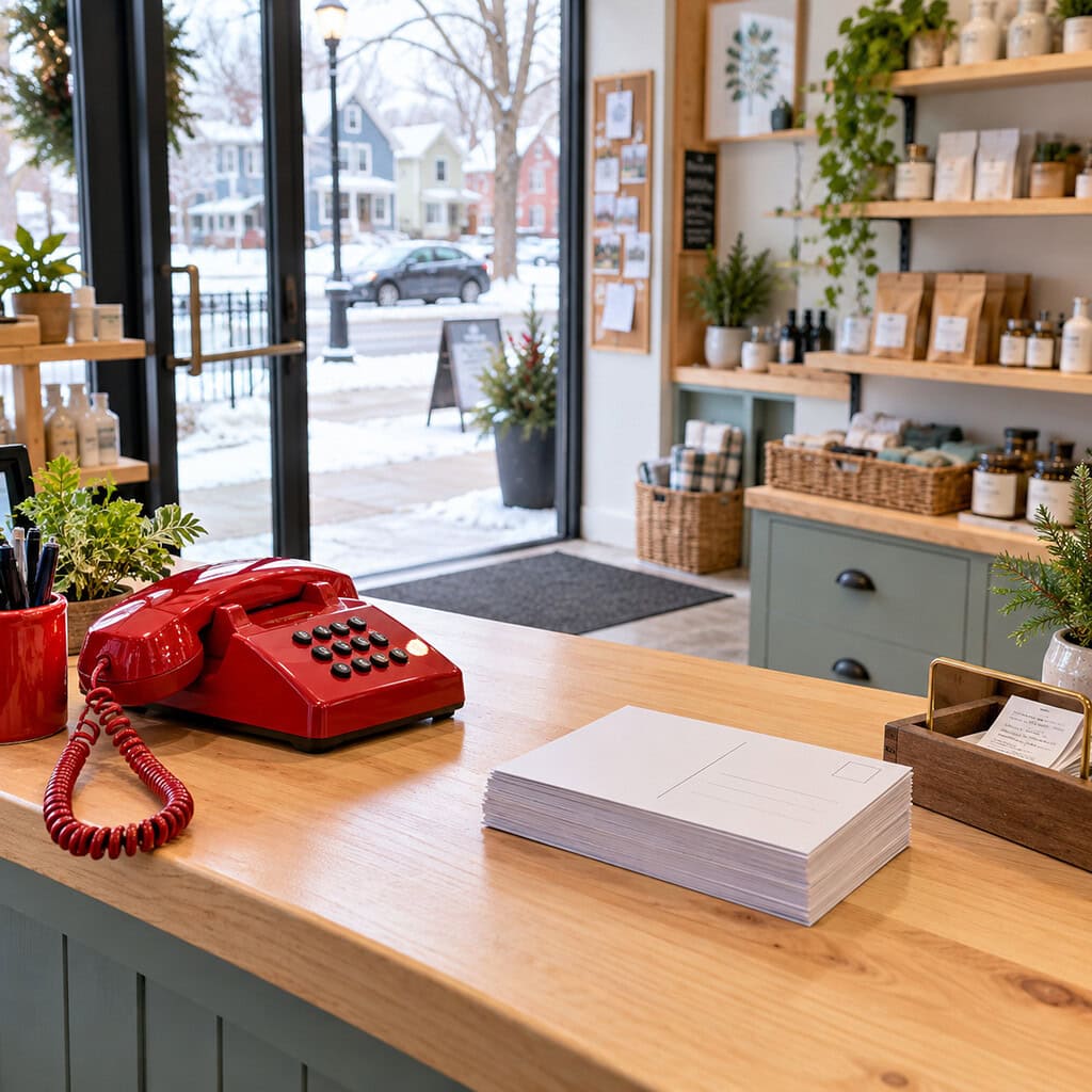 What Is Print Marketing? Examples, Benefits and Strategies That Work 3 Print marketing strategy shown through face-down postcards and a dedicated phone at a local partner counter in winter.