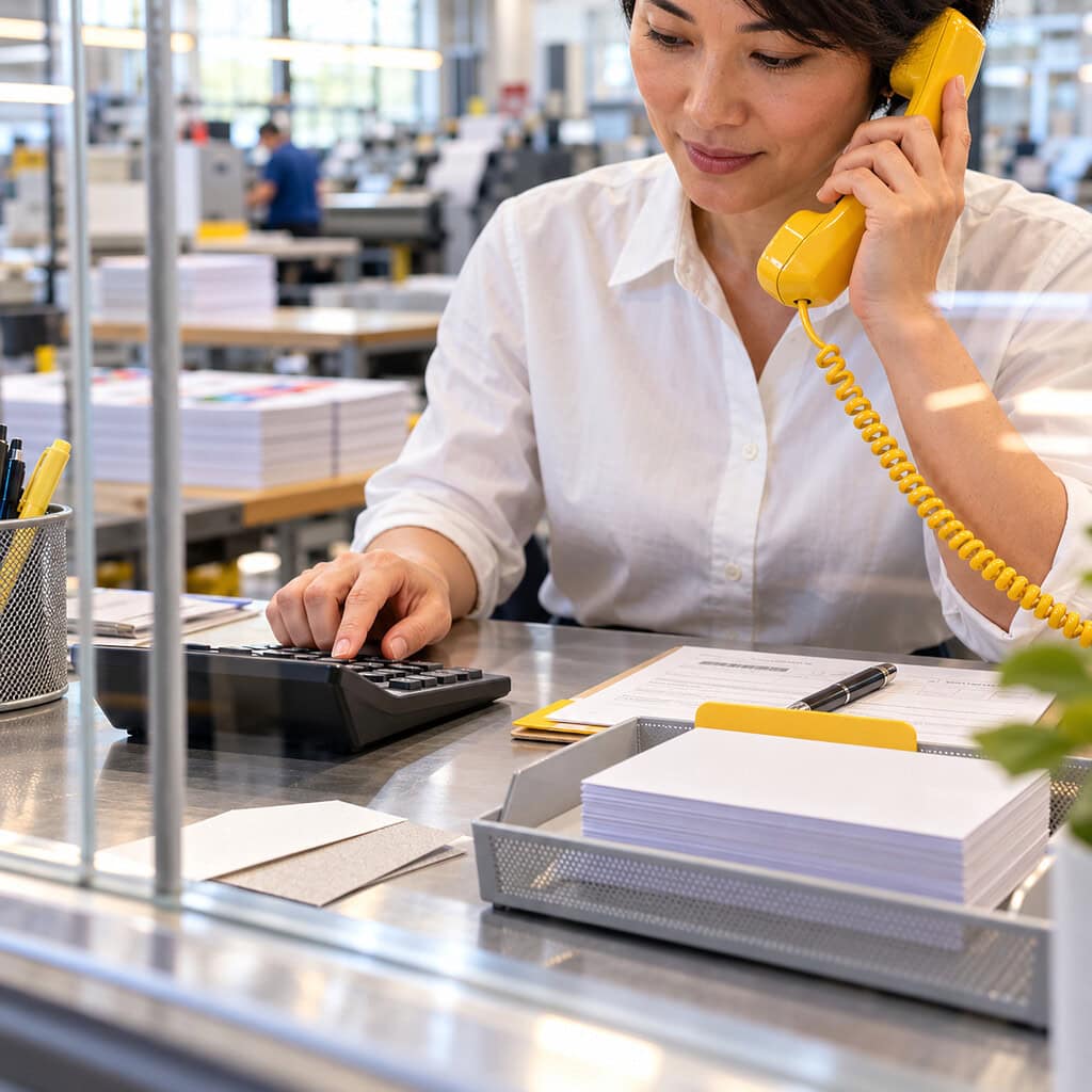 What Is Print Marketing? Examples, Benefits and Strategies That Work 5 Print marketing strategy test as a coordinator checks a response phone and acquisition-cost calculator before printing.