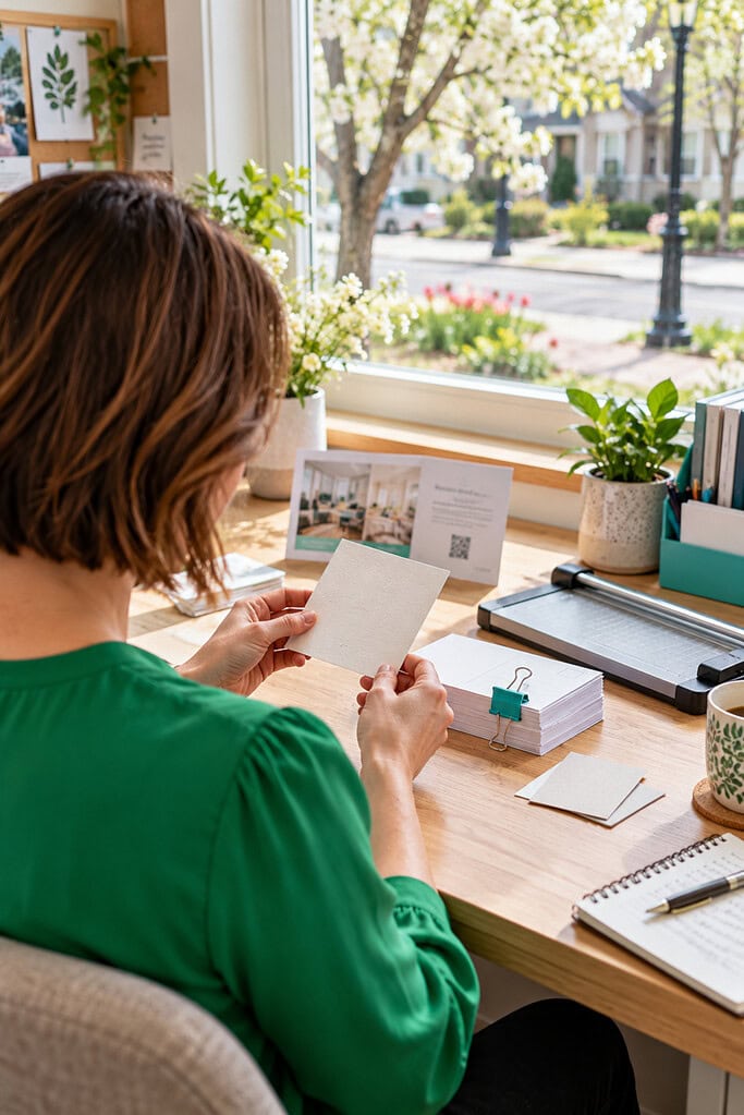 What Is Print Marketing? Examples, Benefits and Strategies That Work 4 Print marketing strategy planning with an owner counting a controlled spring postcard test beside paper-stock samples.