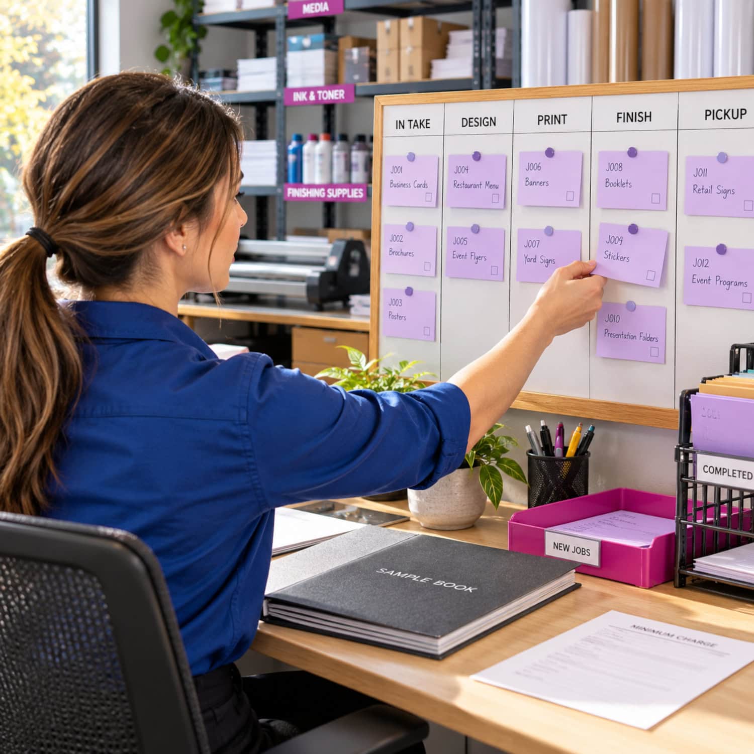 How to Start a Printing Business in 2026 12 Printing business owner updates a job-tracking board beside closed physical samples at an organized planning desk.