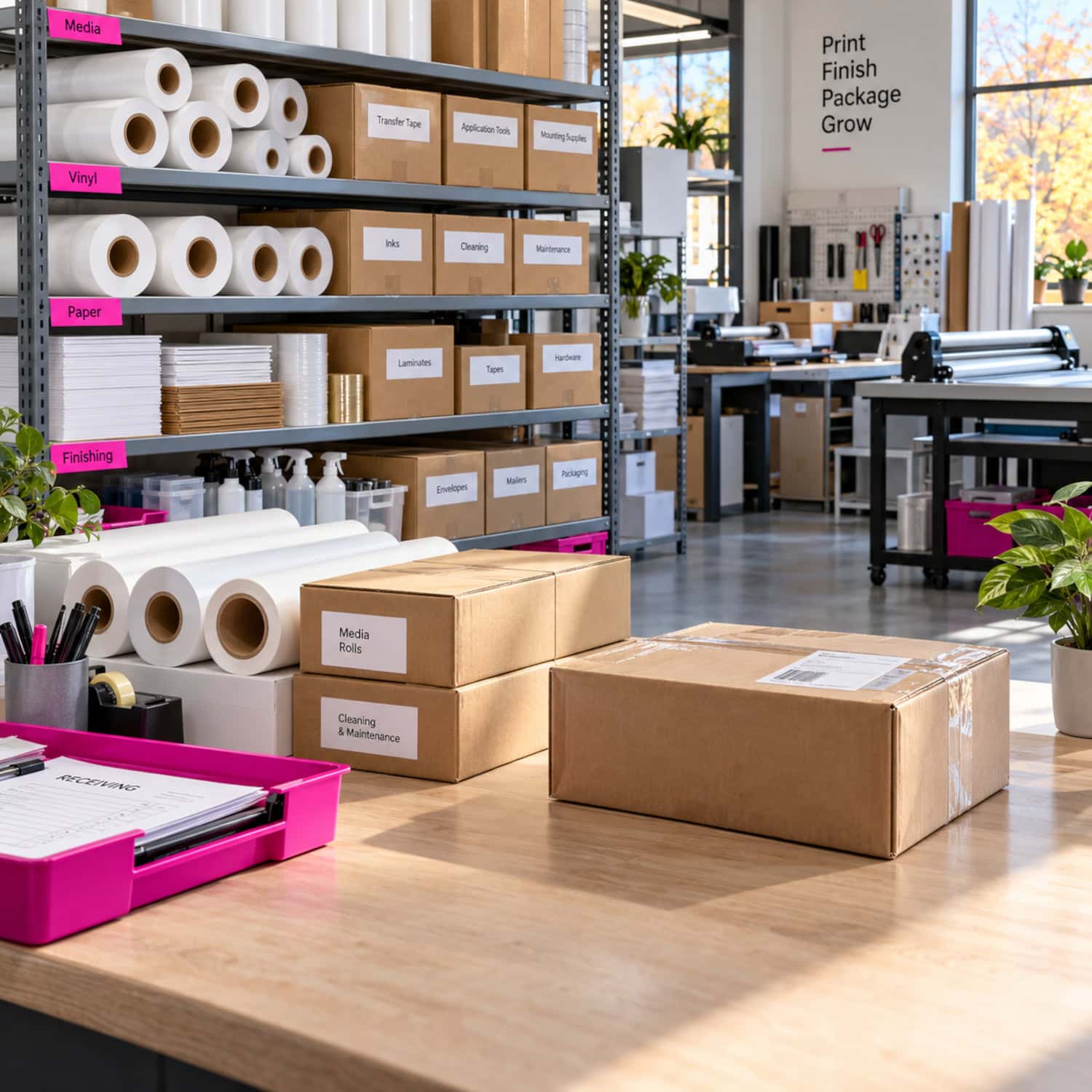 How to Start a Printing Business in 2026 11 Printing business inventory shelves pair consumable stock with an outsourced package in an orderly receiving area.