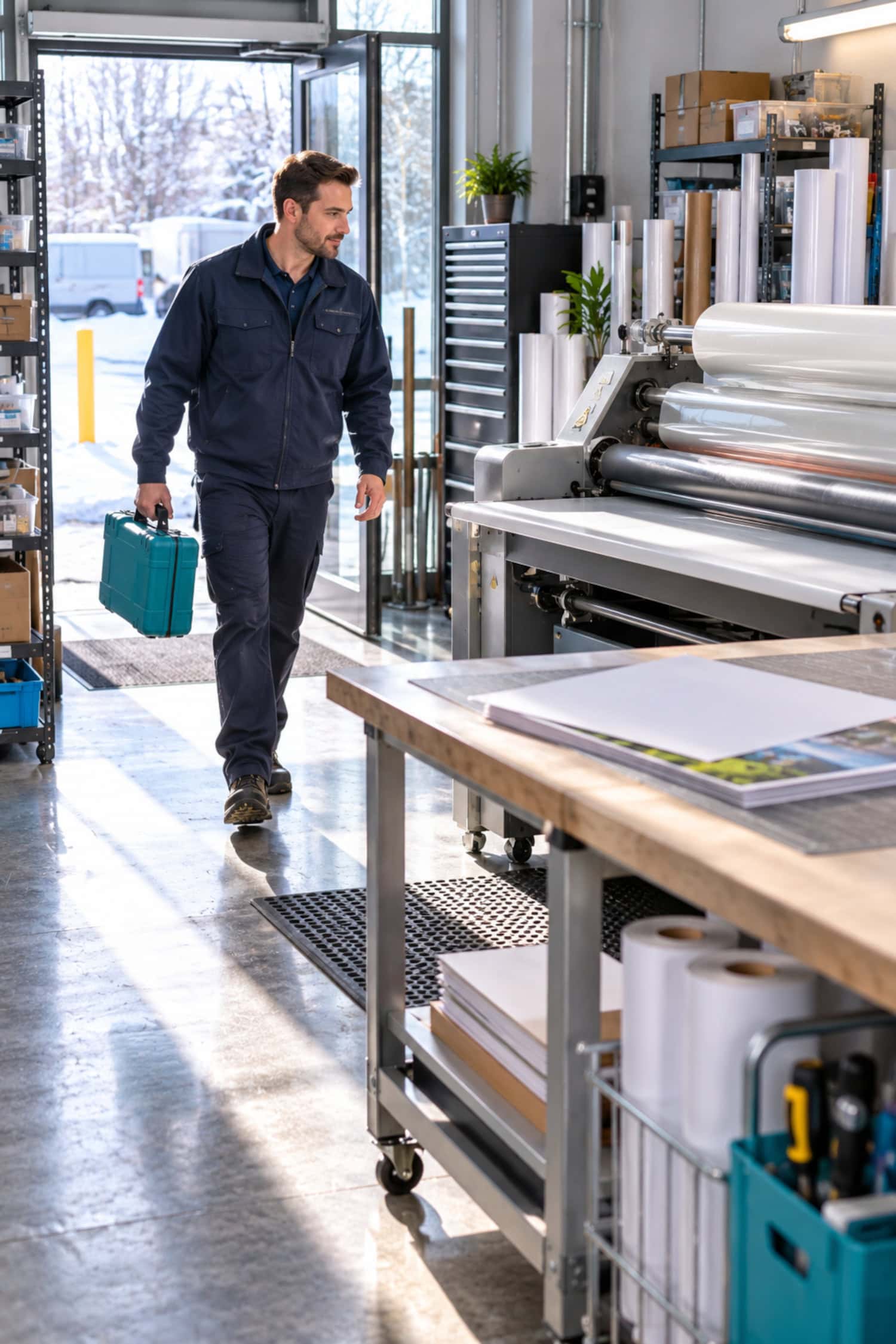 How to Start a Printing Business in 2026 10 Printing business technician carries a spare part toward a laminator beside a finished print in a bright service bay.