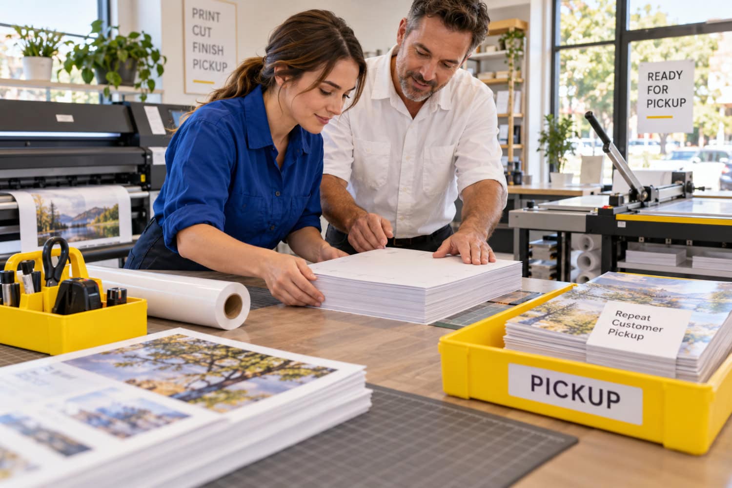 How to Start a Printing Business in 2026 8 Printing business owner learns at a worktable beside a printer while a repeat-customer pickup waits nearby.
