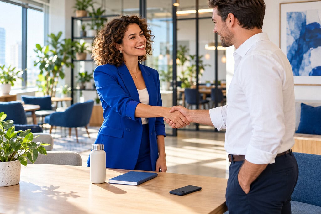 How to Find a Profitable Business Niche in 2026 2 Founder and client shake hands in a bright coworking space after agreeing on a profitable business niche offer.