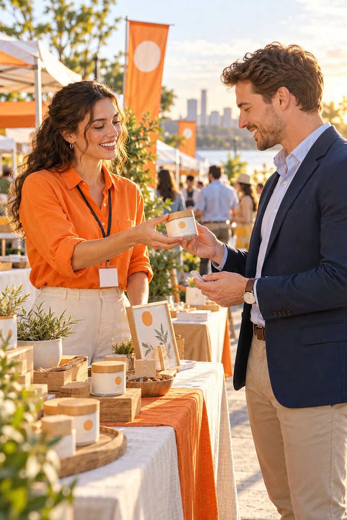 How to Find a Profitable Business Niche in 2026 4 Vendor hands a specialized sample to an interested buyer at a trade fair, testing profitable business niche demand directly.