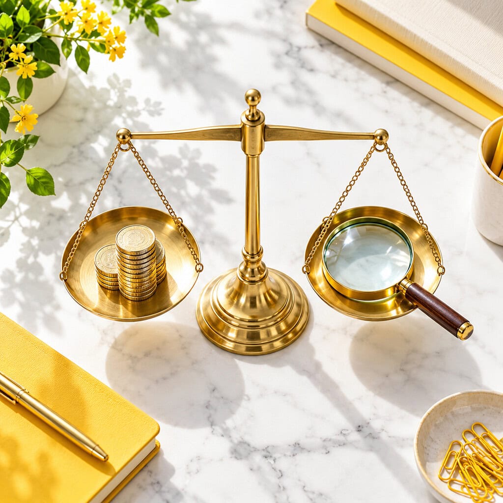 How to Find a Profitable Business Niche in 2026 6 Brass balance scale, coins, and magnifying glass form a clean profitable business niche selection kit on a worktable.