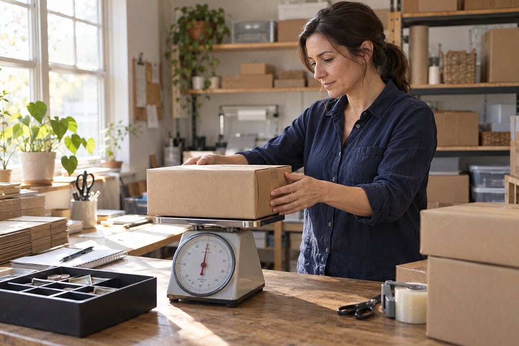 How to Calculate Small Business Costs and Profit Margins 2 Small business costs shown as an owner weighs a plain parcel at a packing bench beside a cash tray and scale.