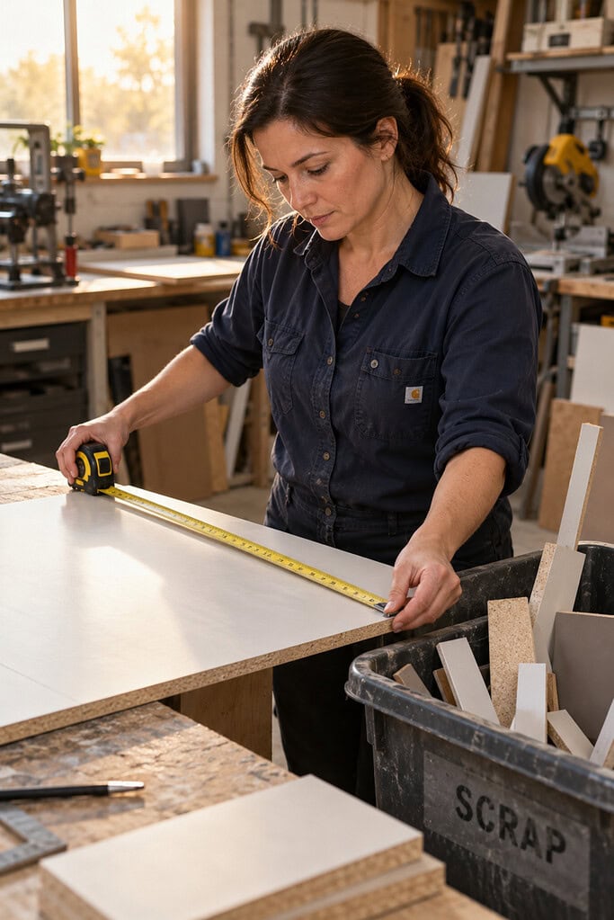 How to Calculate Small Business Costs and Profit Margins 5 Small business costs checked after a job as an owner measures leftover material beside a workshop scrap bin.