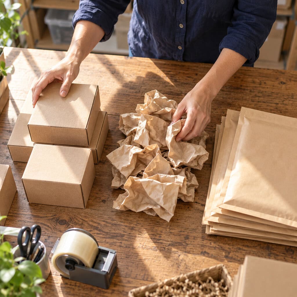 How to Calculate Small Business Costs and Profit Margins 3 Small business costs organized by hand on a stockroom table with product, packing material, and a shipping mailer.