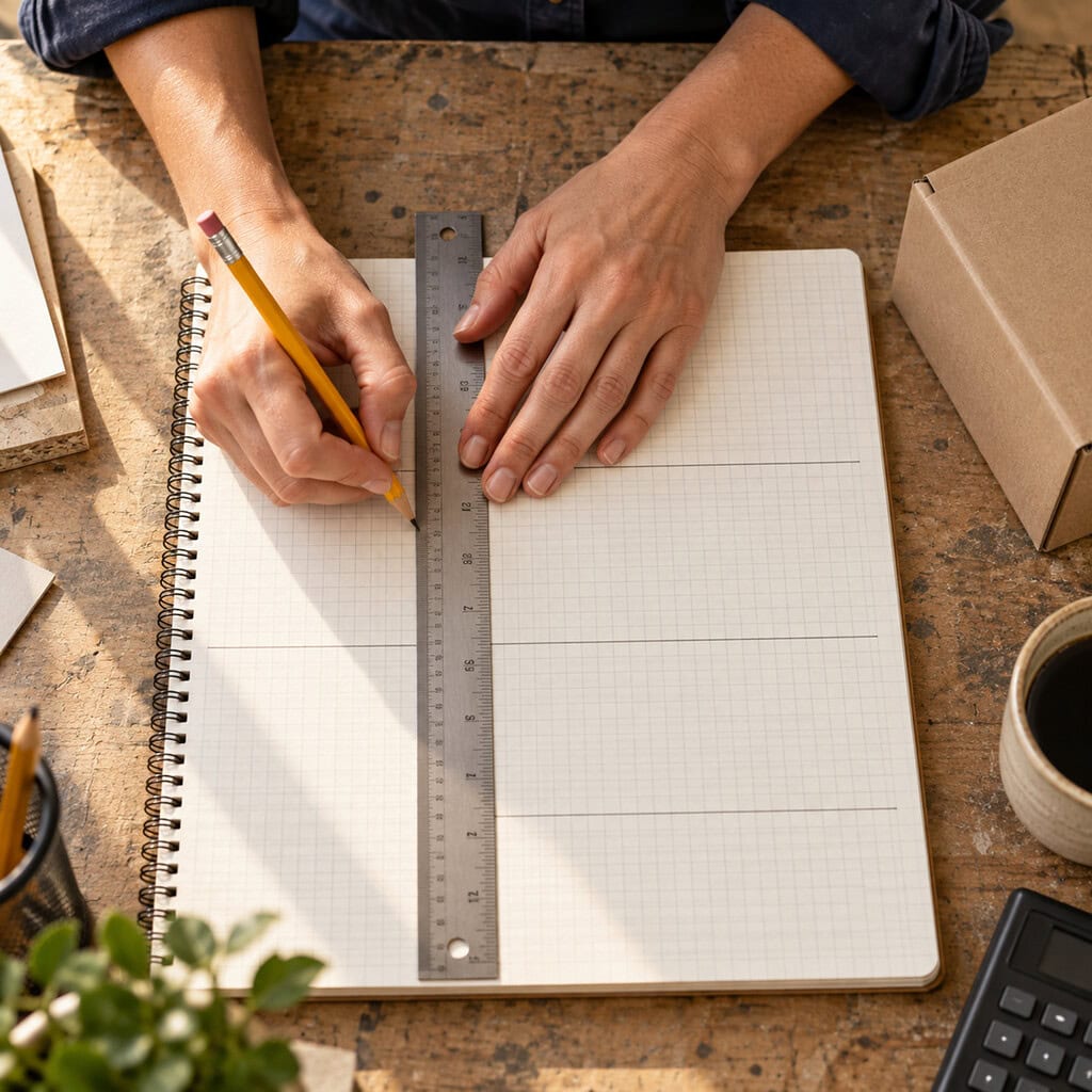 How to Calculate Small Business Costs and Profit Margins 6 Small business costs take shape as hands divide a blank grid notebook into practical costing sections at a worktable.