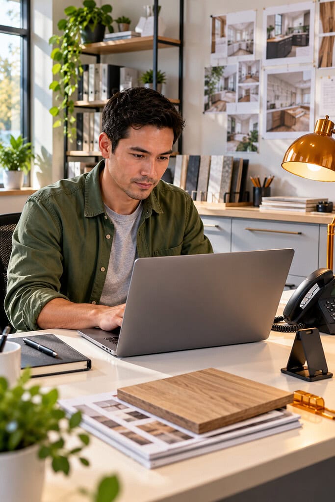 SEO for Small Business: How to Grow Your Business Profitably 4 Small-business SEO foundation work as a web specialist repairs a contact form beside a product sample and desk phone.