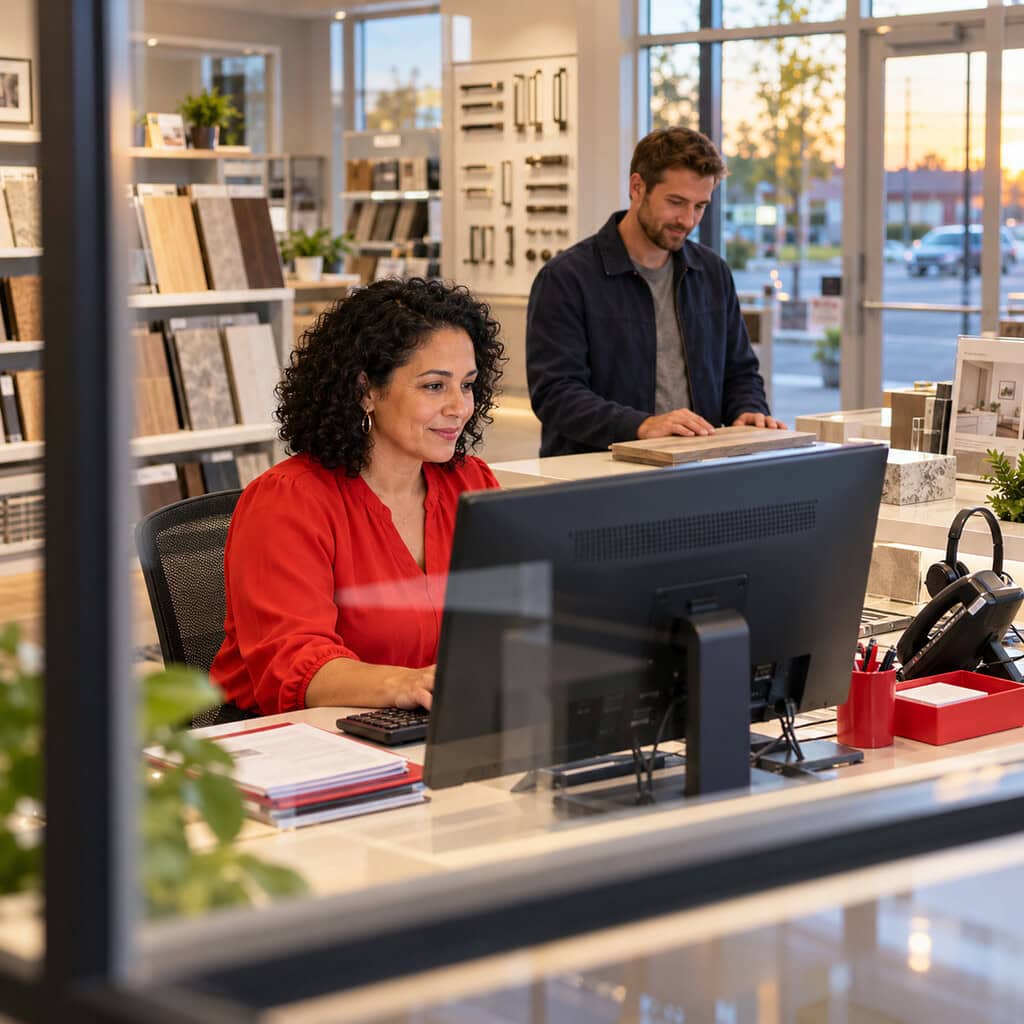 SEO for Small Business: How to Grow Your Business Profitably 3 Small-business SEO measurement connects search impressions and form leads to a real customer at a clean reception desk.