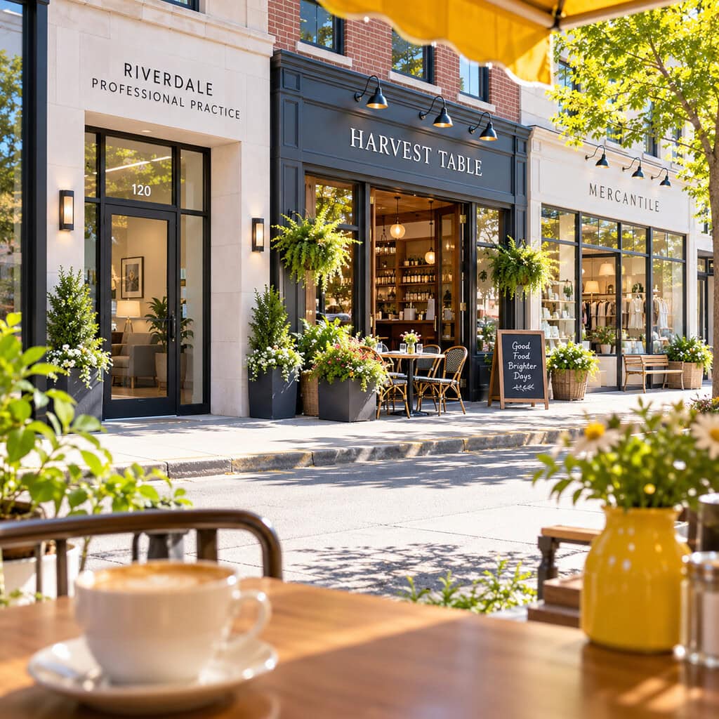 SEO for Small Business: How to Grow Your Business Profitably 5 Small-business SEO local geography shown by a bright block with a professional office, restaurant, and store entrances.
