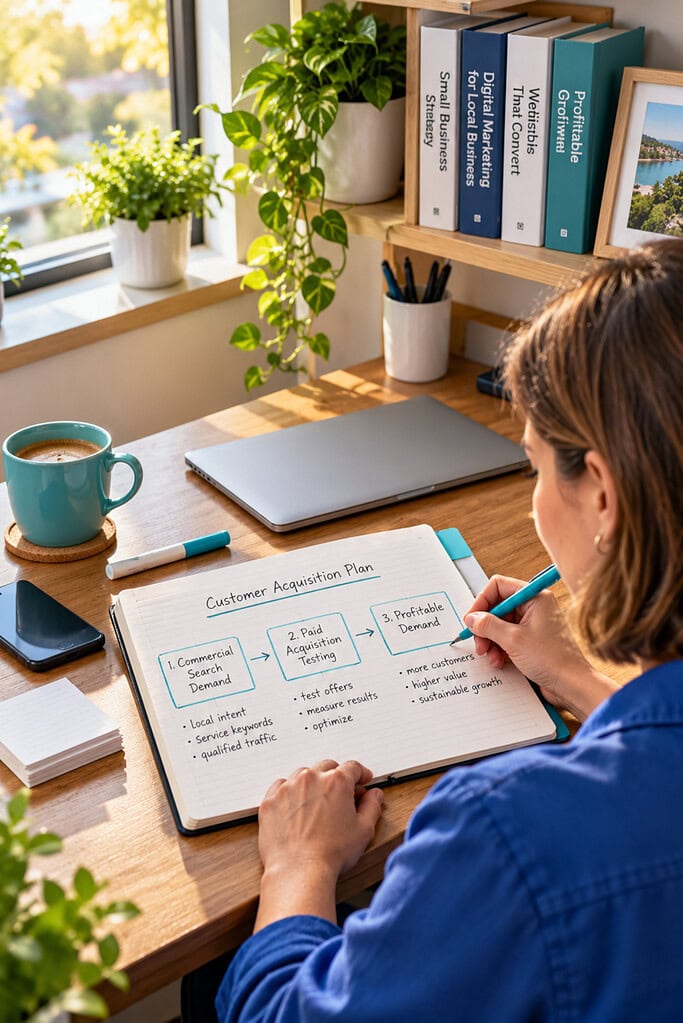 SEO for Small Business: How to Grow Your Business Profitably 6 Small-business SEO rollout plan links search demand and paid acquisition to profitable customers in a hand-sketched sequence.