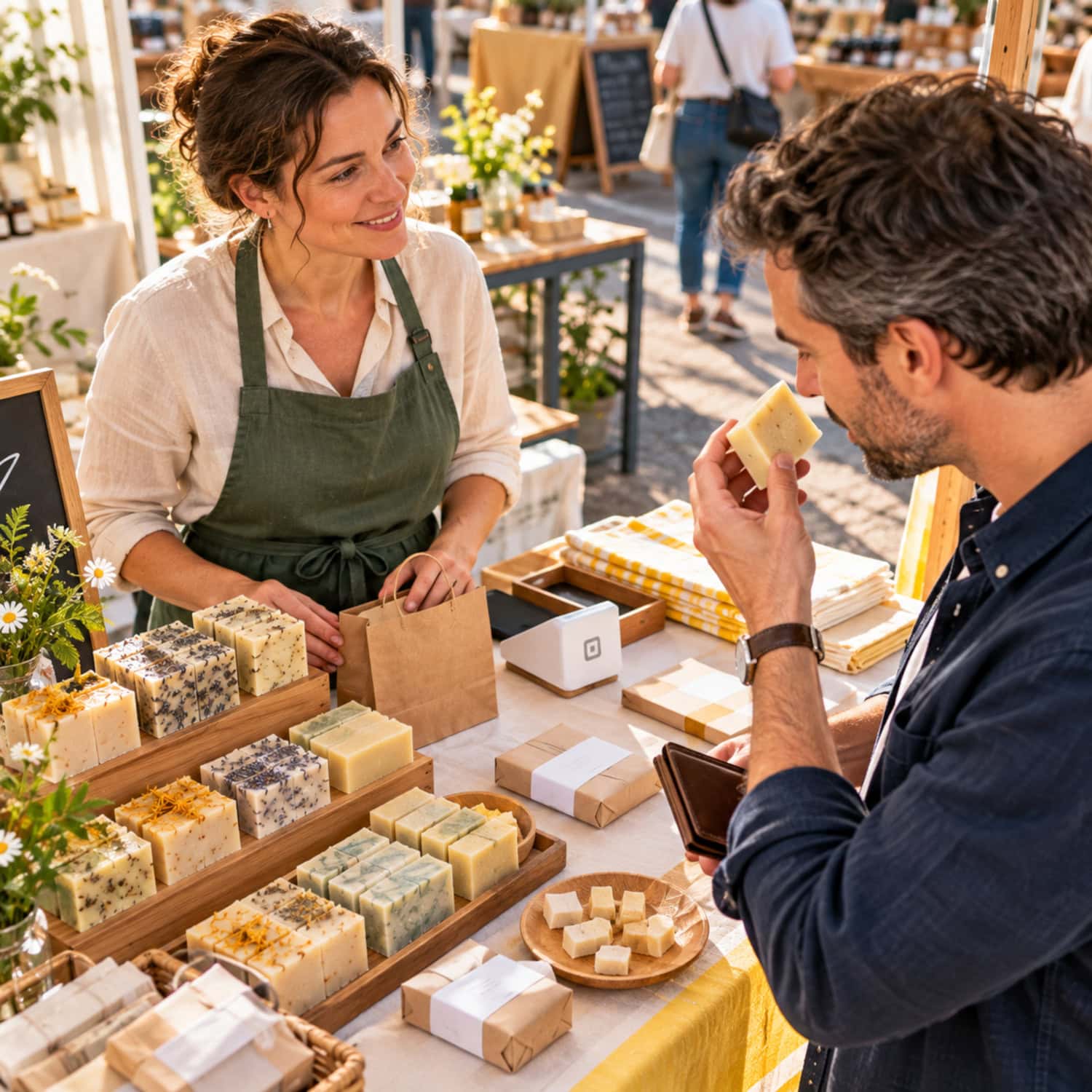 Soap business craft-fair sale as a customer smells one bar while the seller completes a face-to-face purchase.