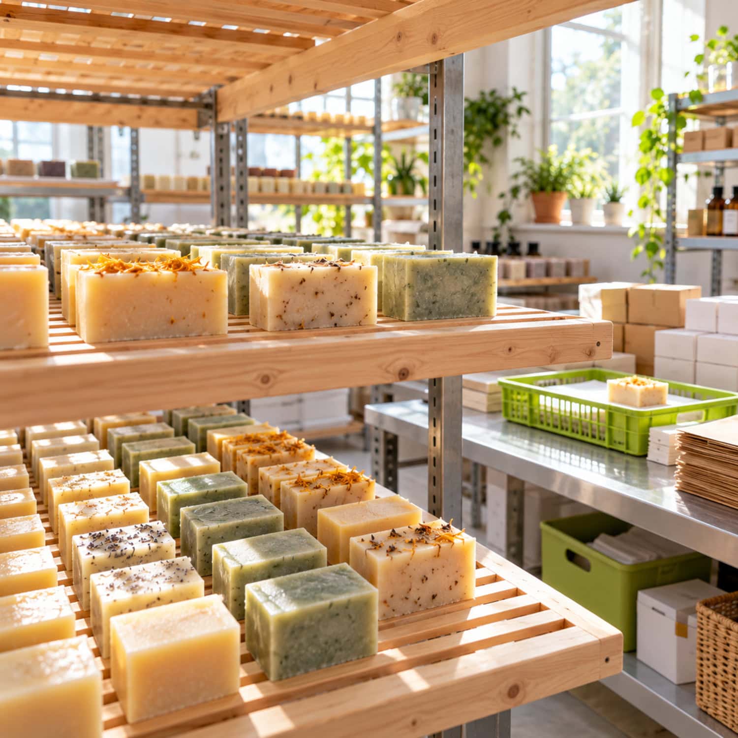 Soap business curing rack with uniform finished bars and a separate quality-control tray for defect screening.