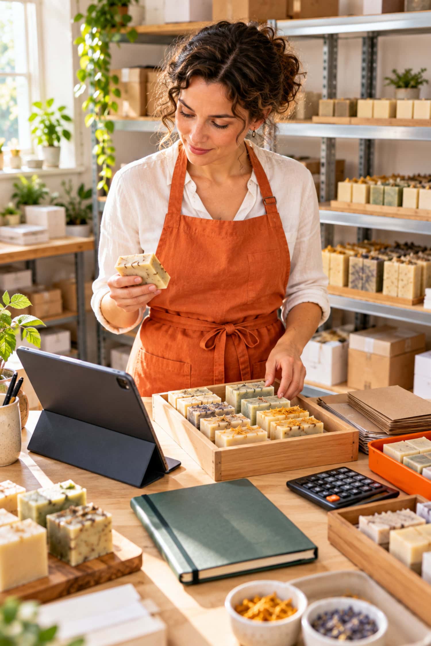 Soap business founder reviews demand-test samples, a full-cost tablet, and a closed production planner at a launch bench.