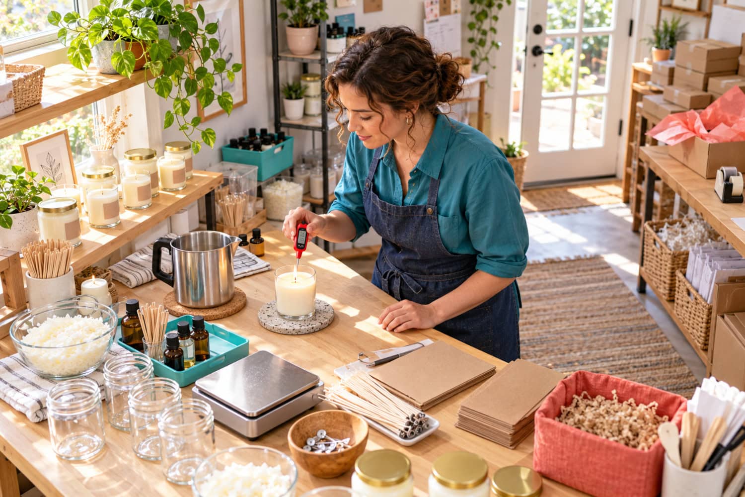 How to Start a Candle Business From First Batch to First Sale 2 Founder checks a burn-test candle, thermometer and limited launch assortment in a bright candle business studio.