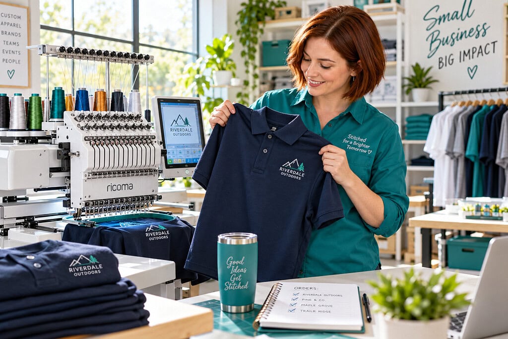 Owner inspects a finished embroidered polo beside a multi-needle machine while preparing to start an embroidery business.