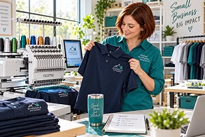 Owner inspects a finished embroidered polo beside a multi-needle machine while preparing to start an embroidery business.