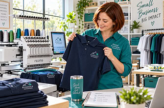 Owner inspects a finished embroidered polo beside a multi-needle machine while preparing to start an embroidery business.