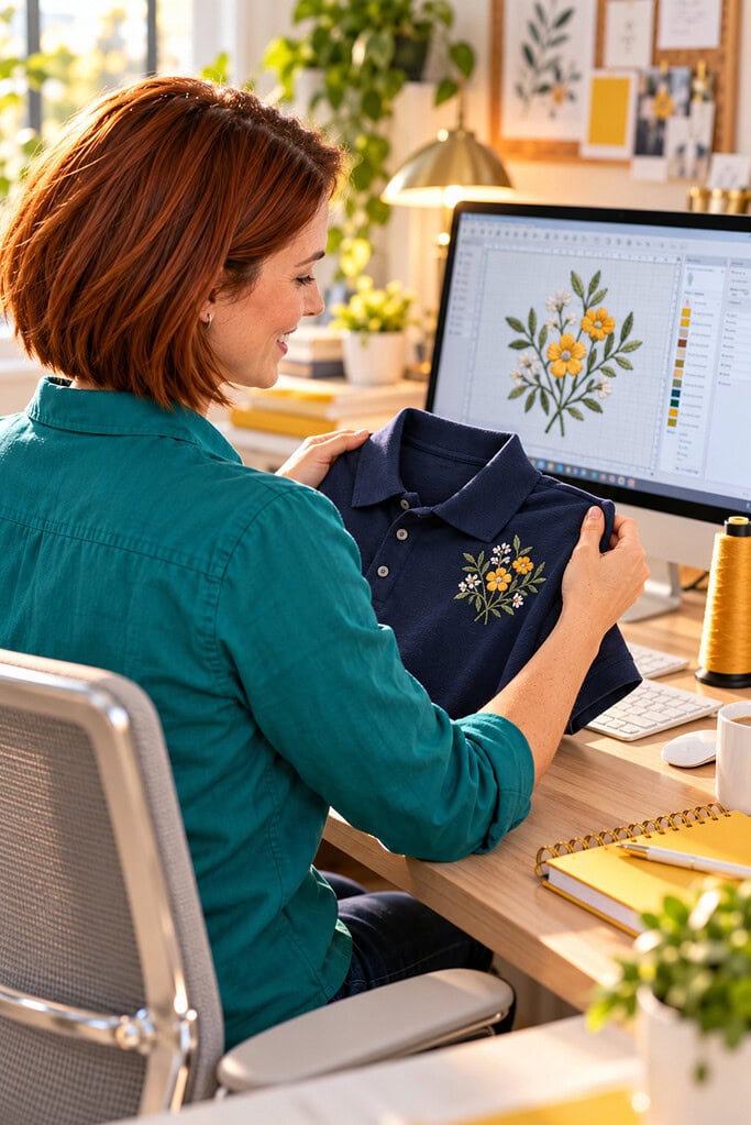 Owner reviews a stitch preview and finished sew-out in a home office while learning to start an embroidery business.