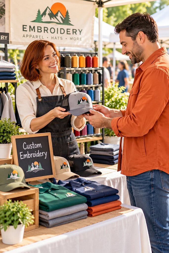 Vendor hands an embroidered cap to a market customer while putting a plan to start an embroidery business into action.