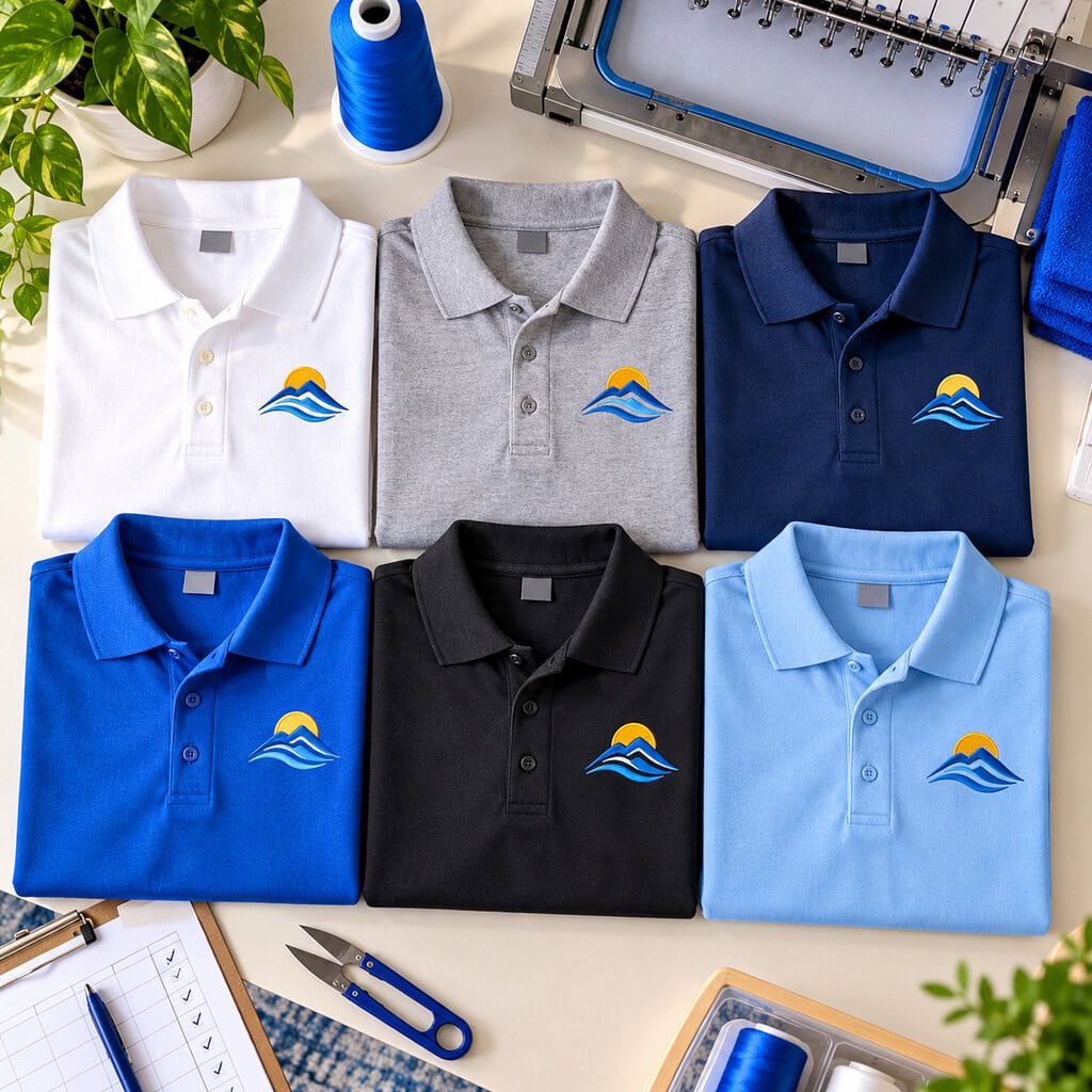 Matching embroidered polos aligned for final inspection show the repeatable workflow needed to start an embroidery business.