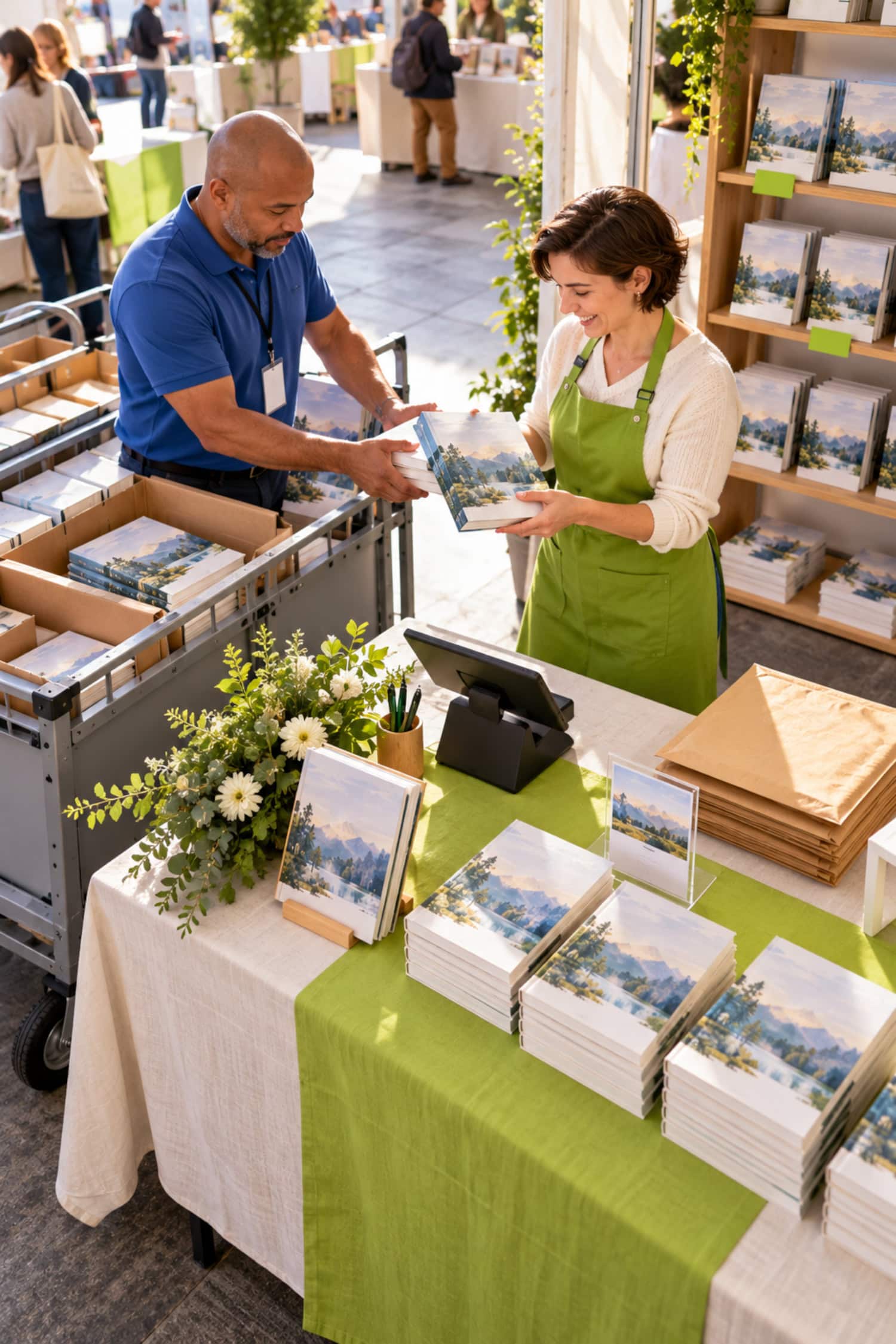 Bookseller receiving a first title at a launch pavilion, a key release step to start a publishing company.