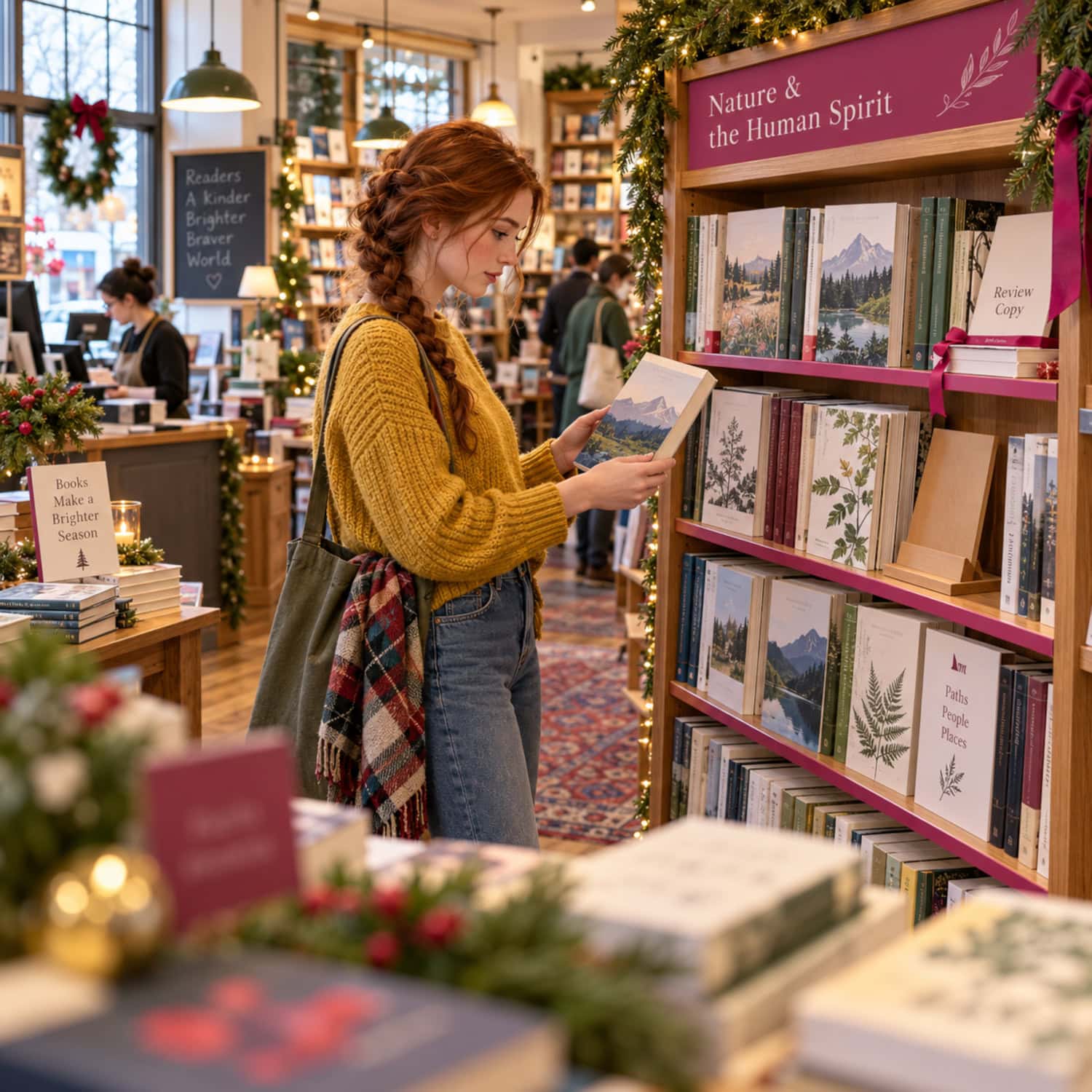 Reader comparing niche books in an independent bookstore as demand research helps her start a publishing company.