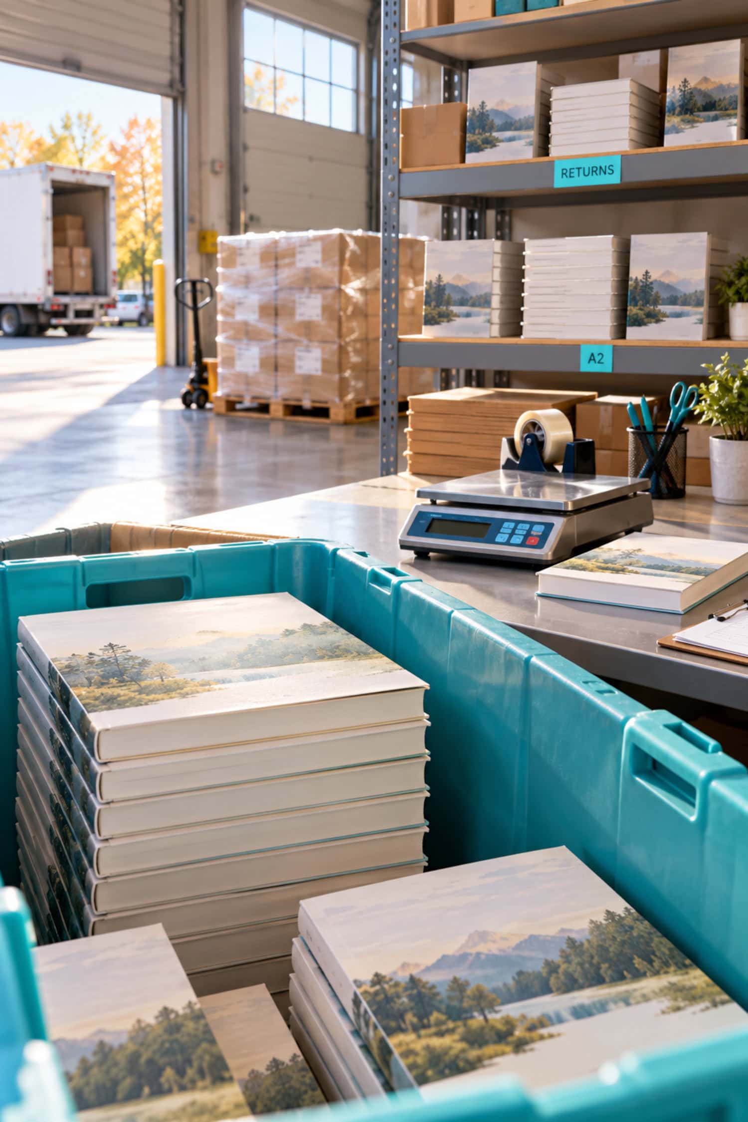 Returned books at a fulfillment station show pricing and return exposure when you start a publishing company.