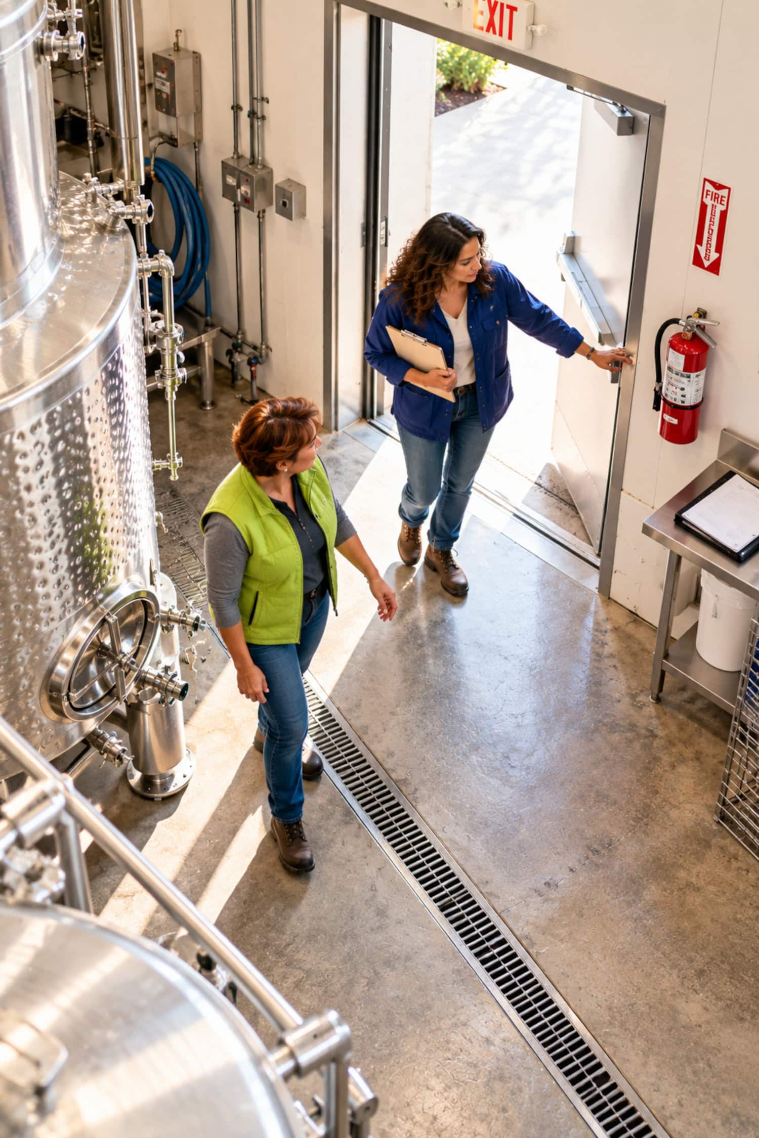 How to Start a Winery Without Building Too Much Too Soon 26 A building inspector and winery manager review fire-exit clearance while preparing to start a winery in a cellar.