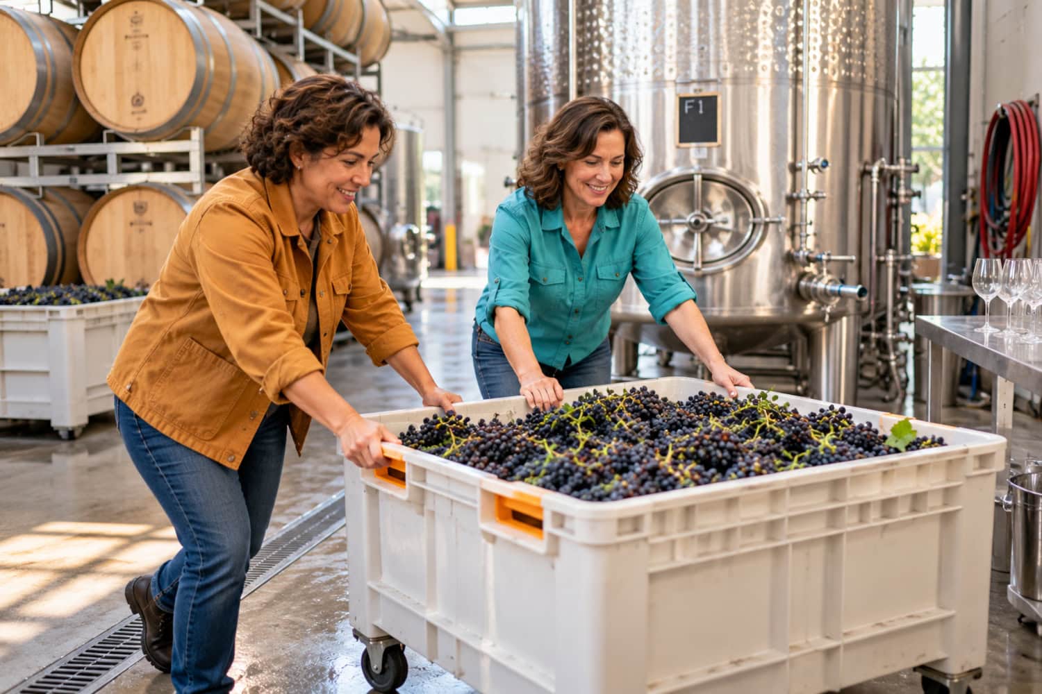 How to Start a Winery Without Building Too Much Too Soon 24 A founder and winemaker start a winery's first batch using purchased grapes in a shared stainless steel cellar.