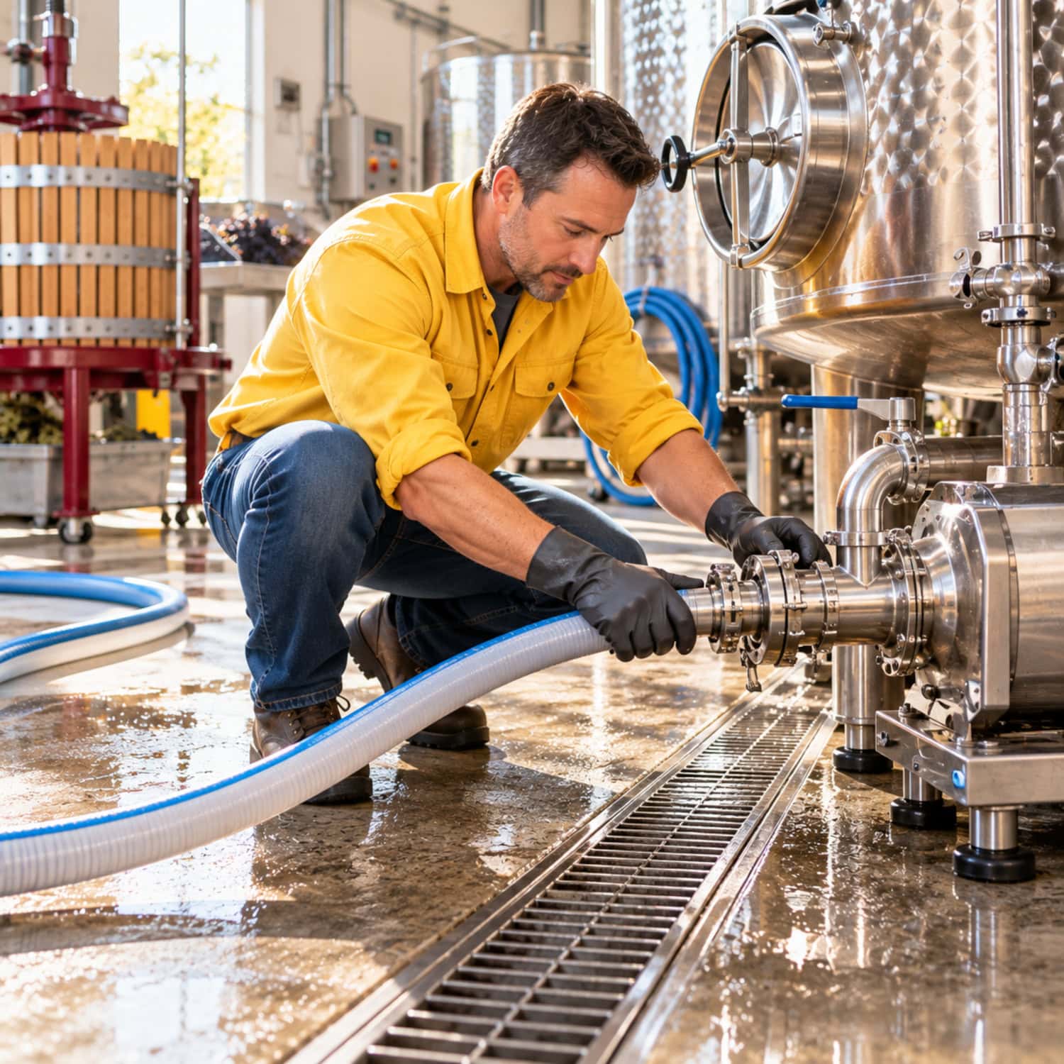 How to Start a Winery Without Building Too Much Too Soon 27 A maintenance technician checks a sanitary hose coupling and floor drainage as part of plans to start a winery.