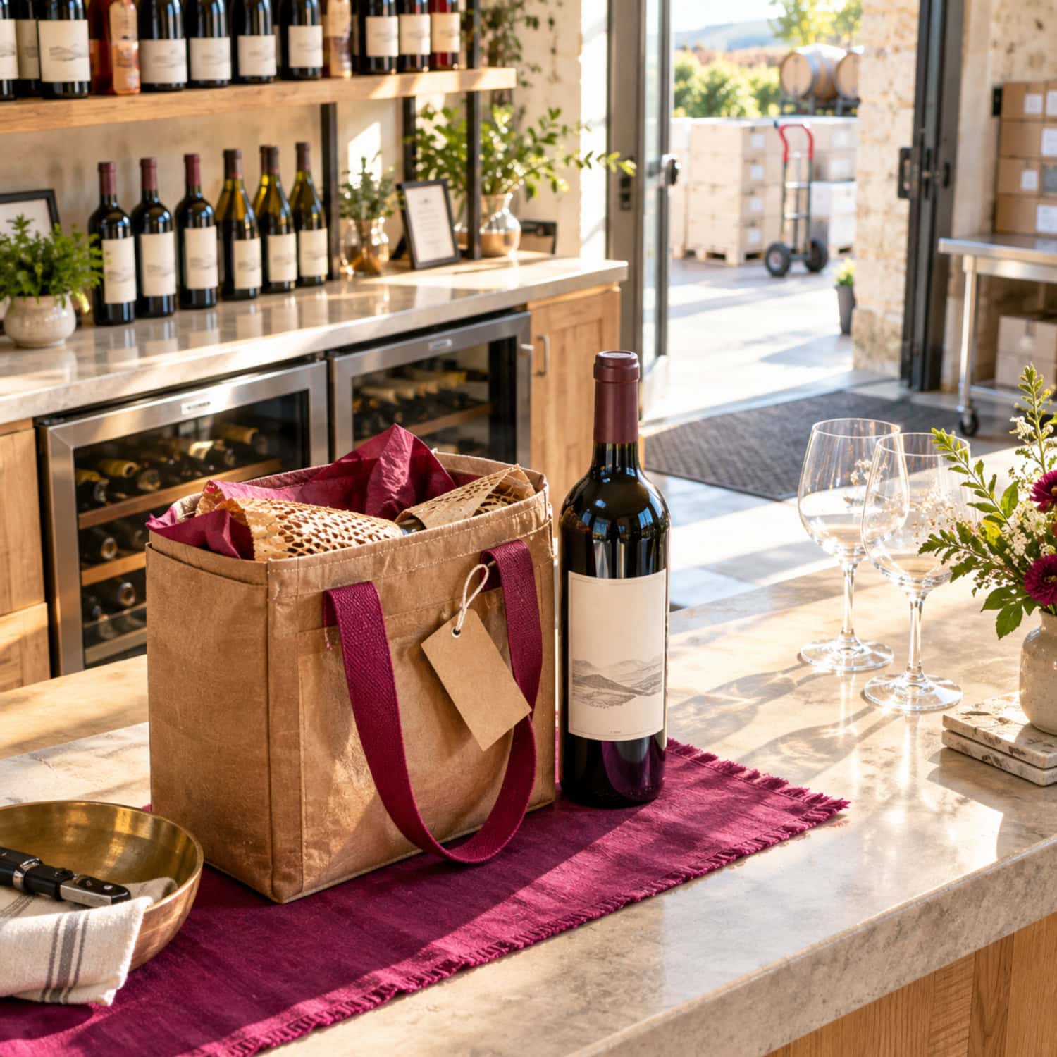 How to Start a Winery Without Building Too Much Too Soon 25 A wine club pickup station shows how to start a winery with direct sales, a tasting-room wine shelf and wrapped bottles.