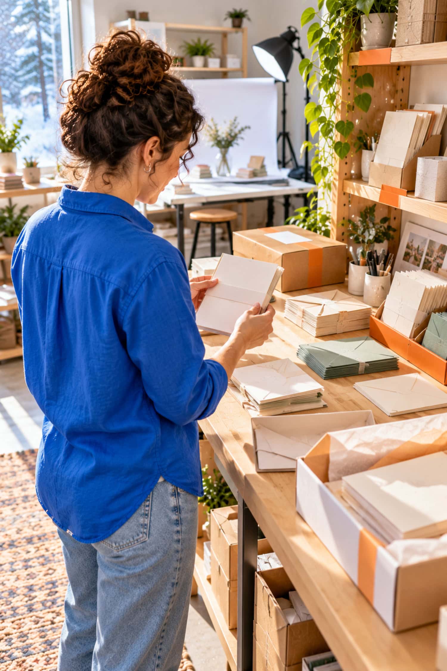 How to Start a Stationery Business by Testing Before You Stock 14 Stationery business founder quality-checks personalized invitations and envelopes before protective packing and shipping.