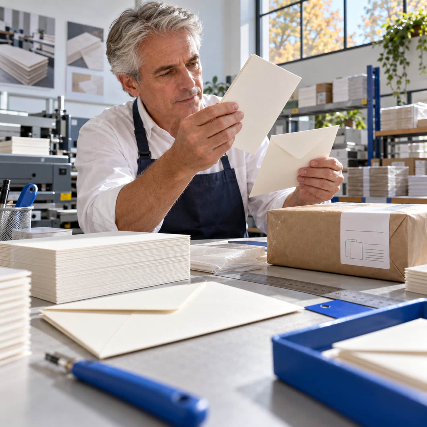 How to Start a Stationery Business by Testing Before You Stock 12 Stationery business printer checks a thick invitation card, matching envelope, and approved sample at a finishing bench.