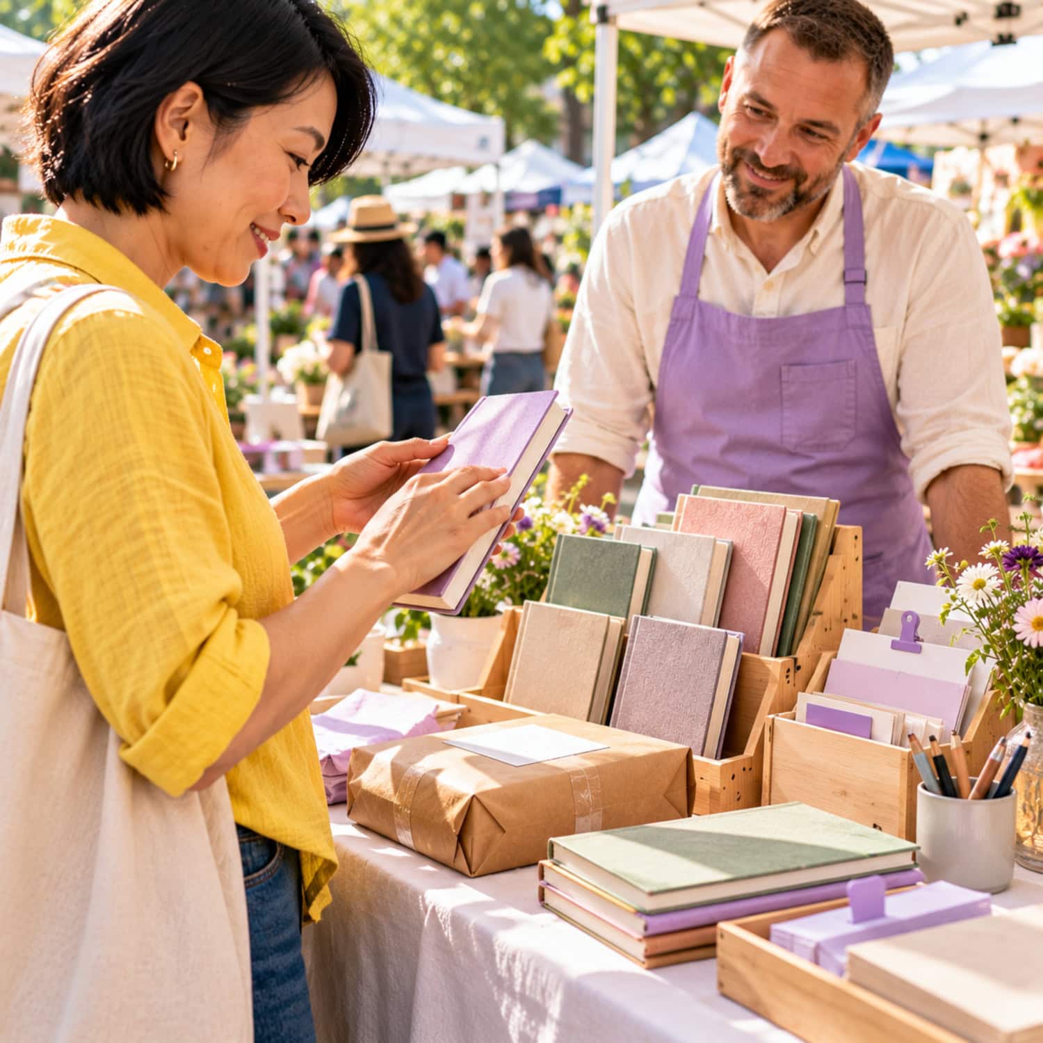How to Start a Stationery Business by Testing Before You Stock 11 Stationery business customer tests a notebook's paper edge at a market while a seller watches the tactile reaction.