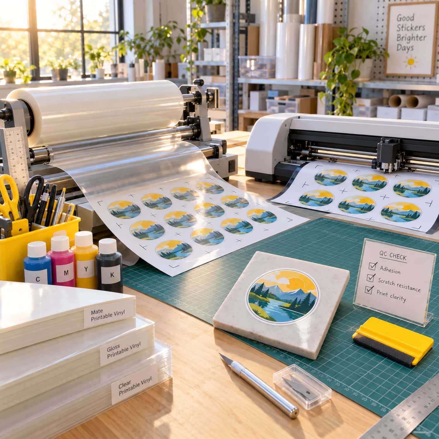 How to Start a Sticker Business Without Buying the Wrong Setup 12 Sticker business launch quality bench with vinyl alignment, lamination, registration marks, and adhesive testing.