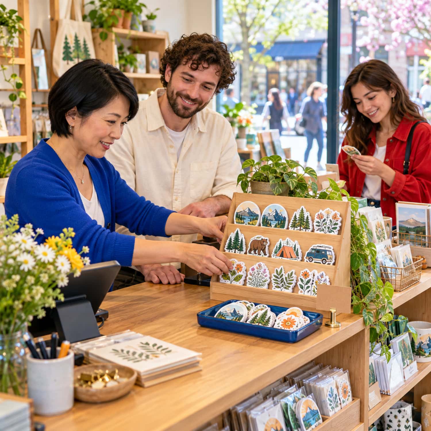 How to Start a Sticker Business Without Buying the Wrong Setup 11 Sticker business launch retail scene with a seller, shop owner, and returning customer around a proven-design display.