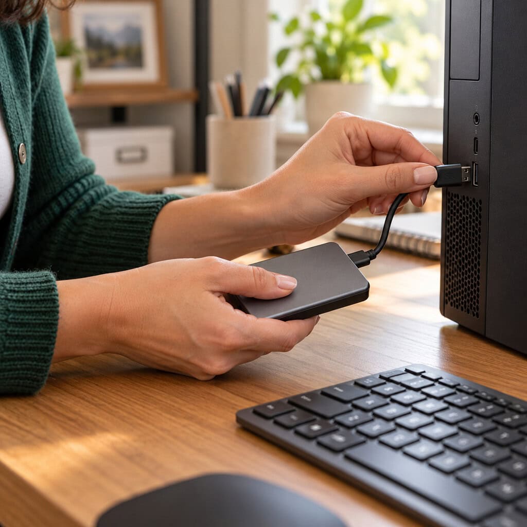 Best Tax Software for Small Businesses 4 Hands connect a storage drive to a desktop computer used with tax software for small businesses in a home office.