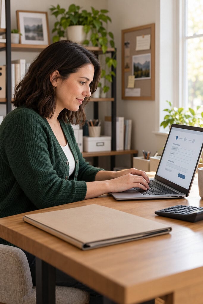 Best Tax Software for Small Businesses 3 A business owner types entity-return information into tax software for small businesses beside a closed records folder.
