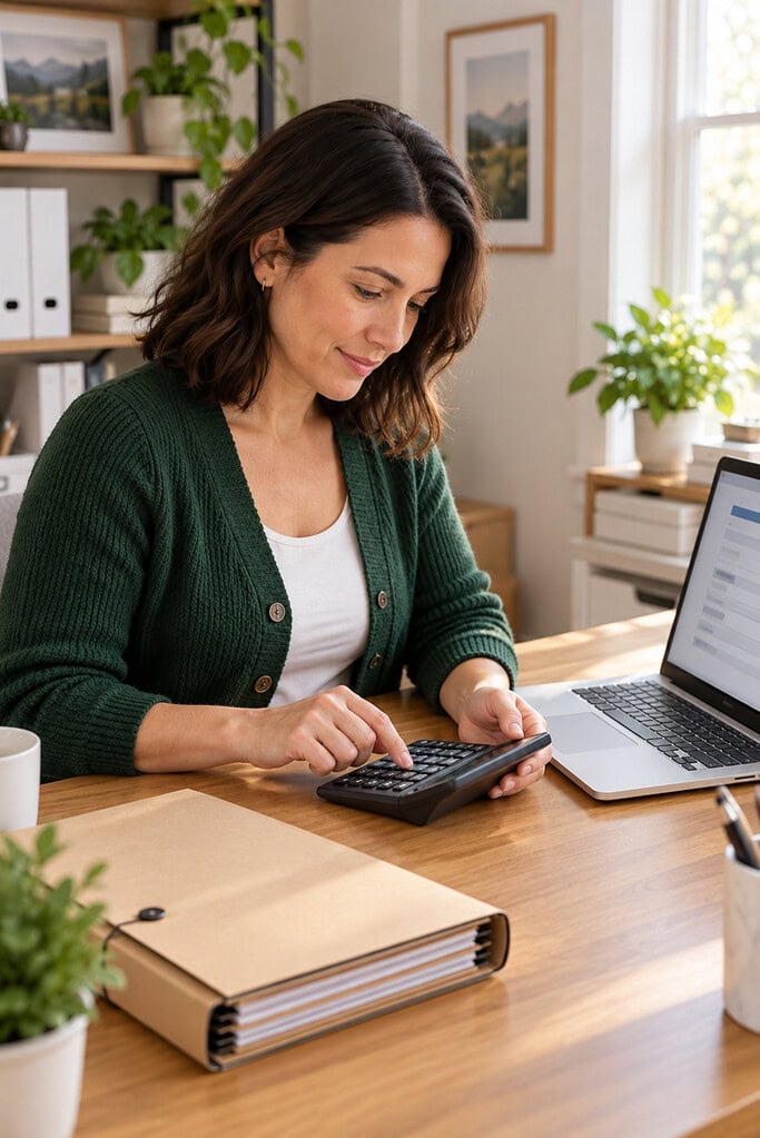 Best Tax Software for Small Businesses 6 A business owner calculates filing costs beside a laptop while choosing tax software for small businesses.
