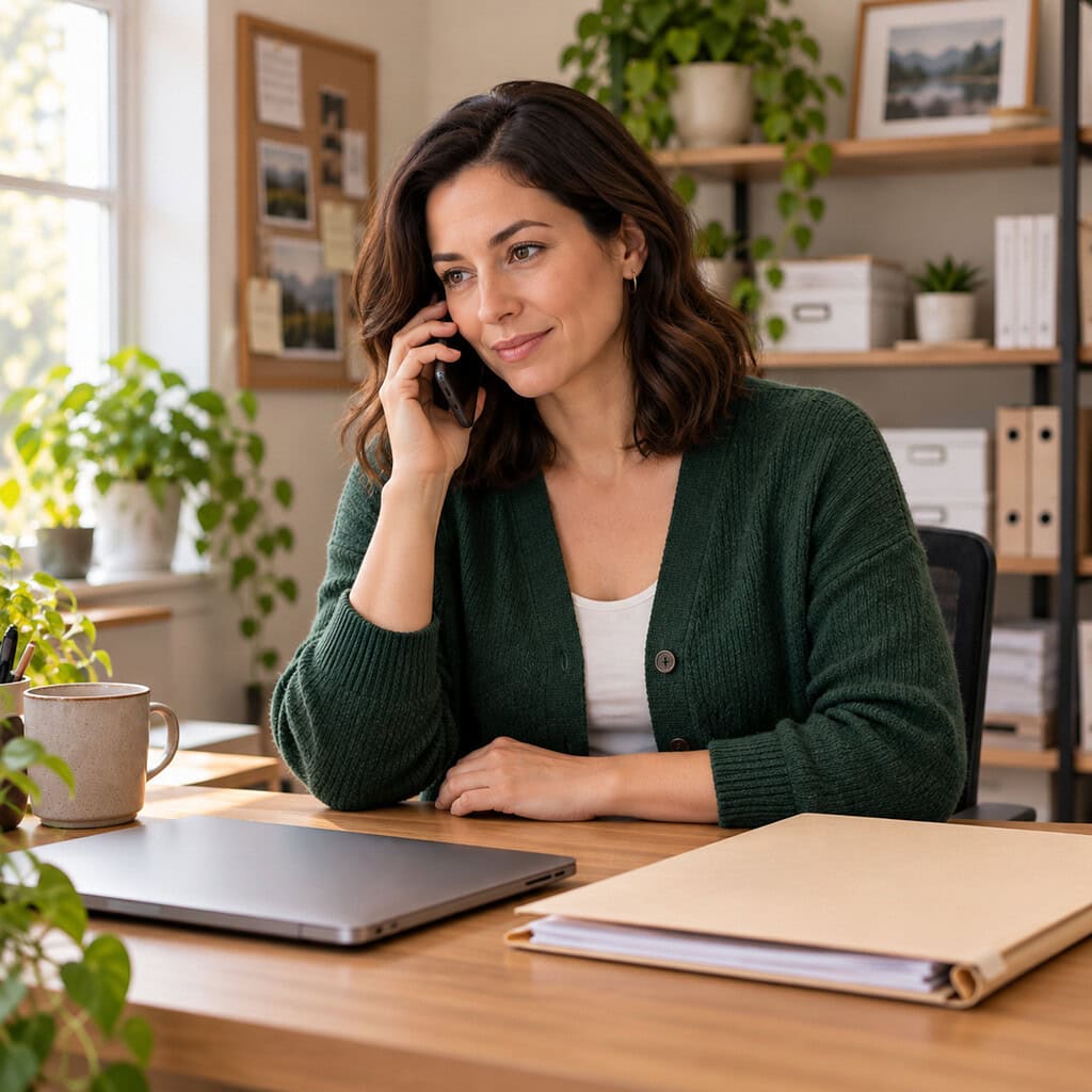 Best Tax Software for Small Businesses 5 A business owner calls a tax professional beside a closed laptop after tax software for small businesses reaches its limit.