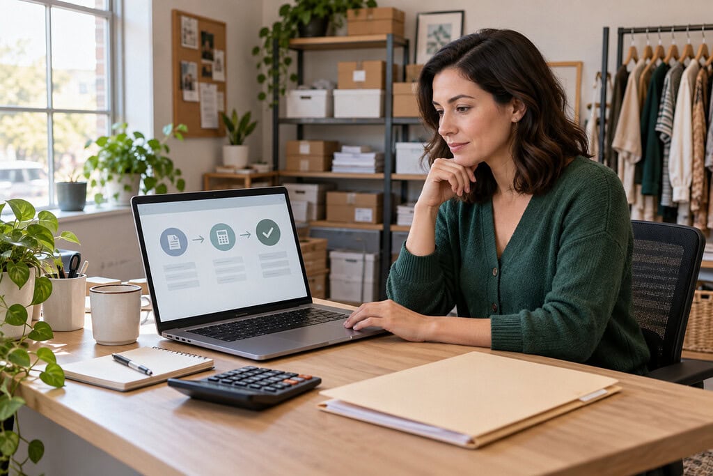 Best Tax Software for Small Businesses 2 A small-business owner reviews tax software for small businesses on a laptop beside a calculator and records folder.