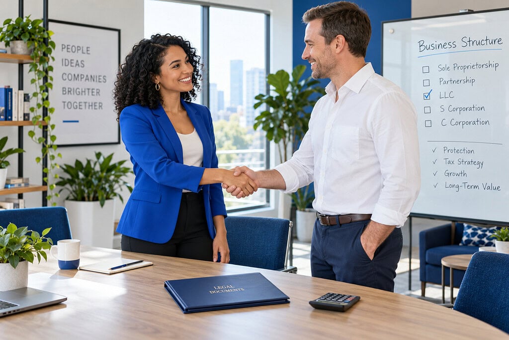 Types of Business Ownership and How They Work 2 Types of business ownership are reviewed as a founder and advisor finalize a fitting structure in a bright strategy room.