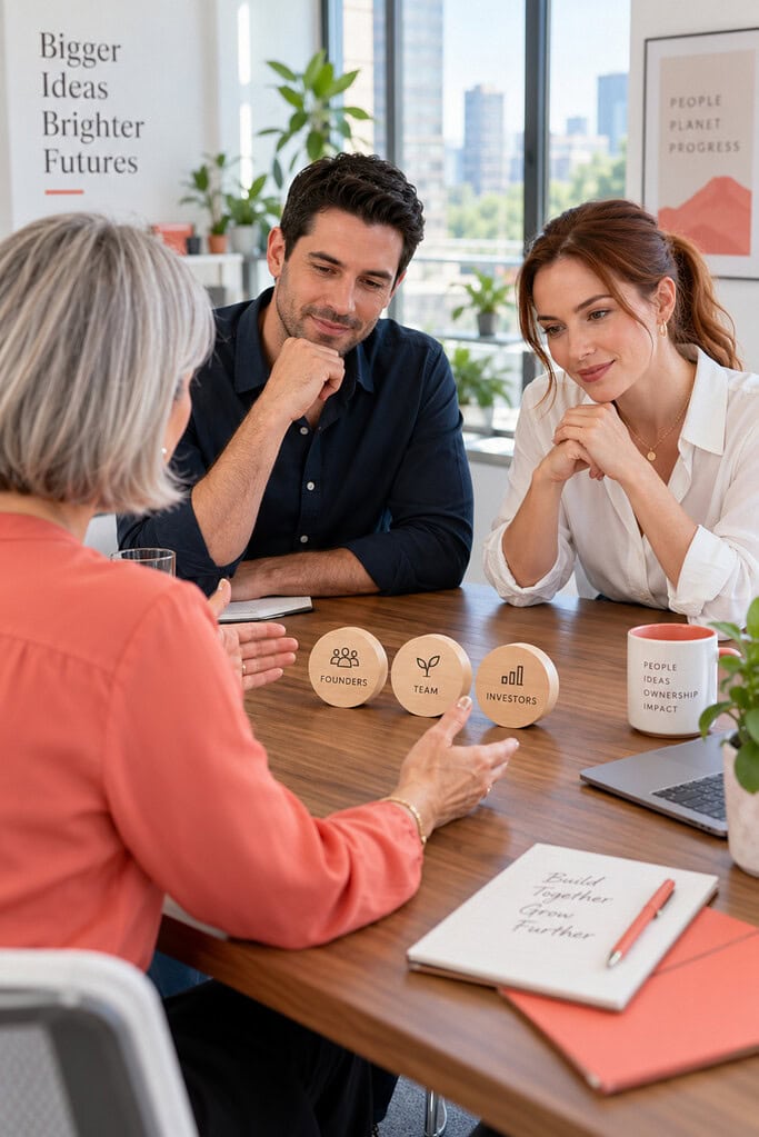 Types of Business Ownership and How They Work 4 Types of business ownership are mapped as two founders and an advisor arrange ownership tokens in a modern conference room.